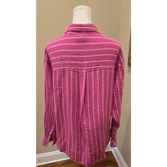 Gap The Big Shirt 100% Gauze Cotton Pink White Stripe Pocket Womens Size Large - Picture 4 of 9